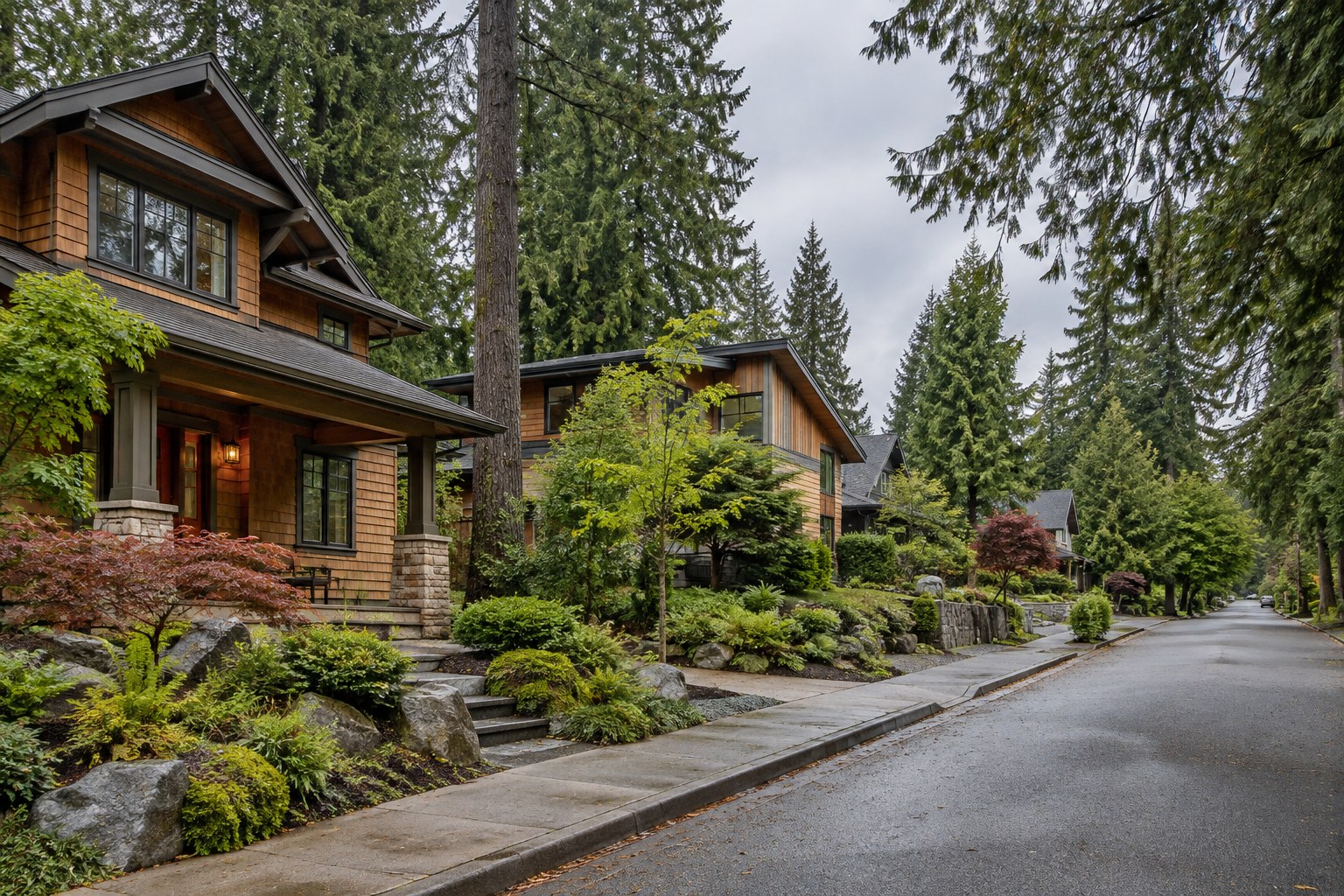 A quiet tree-lined street in a Pacific Northwest town, illustrative