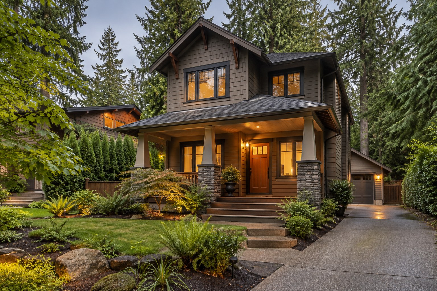 A craftsman home among evergreen trees in the evening light, illustrative