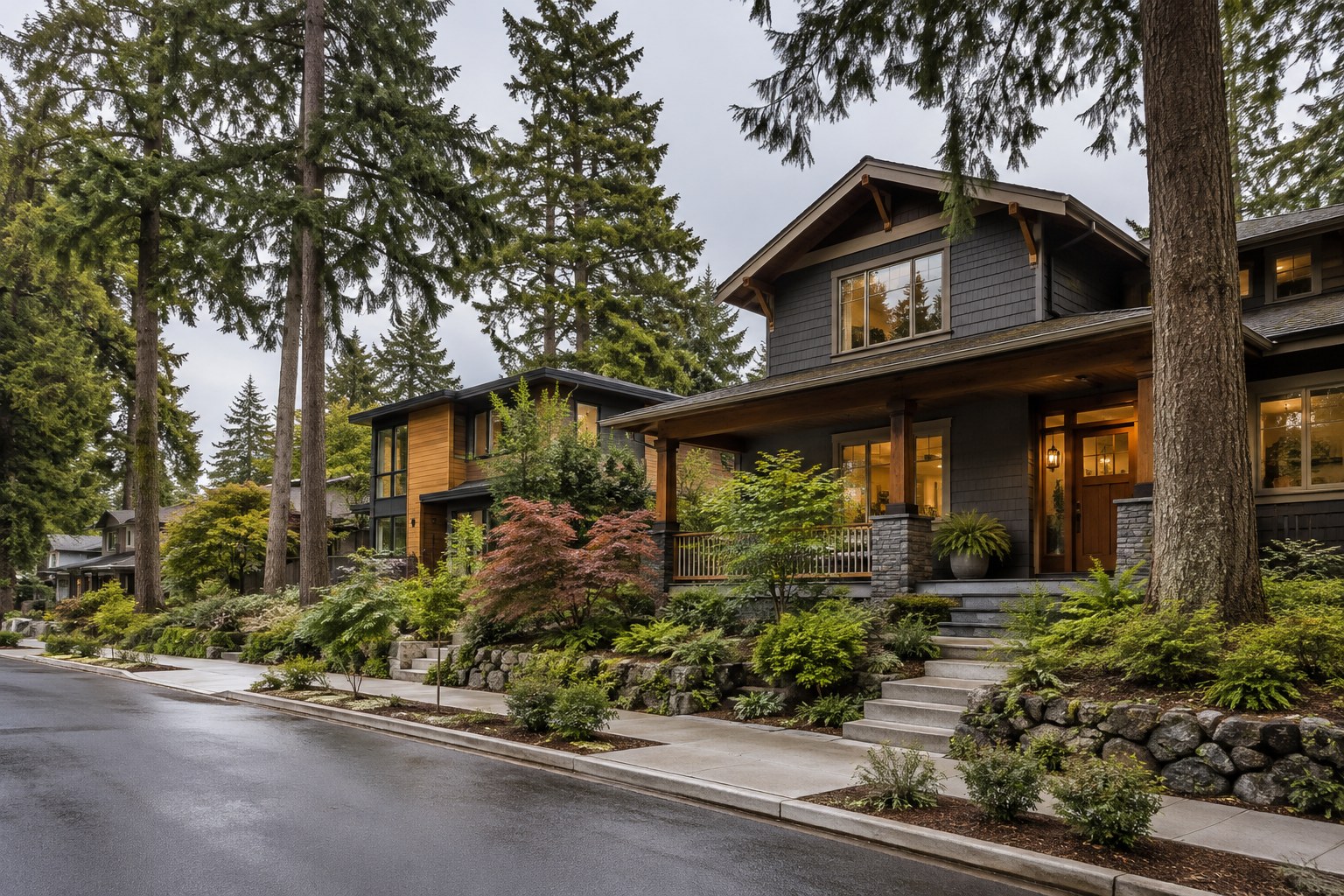 A Bellingham style street at golden hour, illustrative
