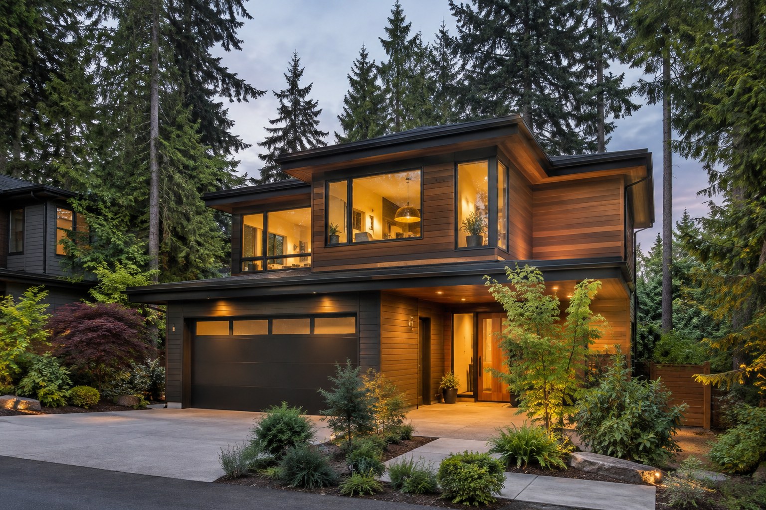 A modern cedar home at dusk, illustrative